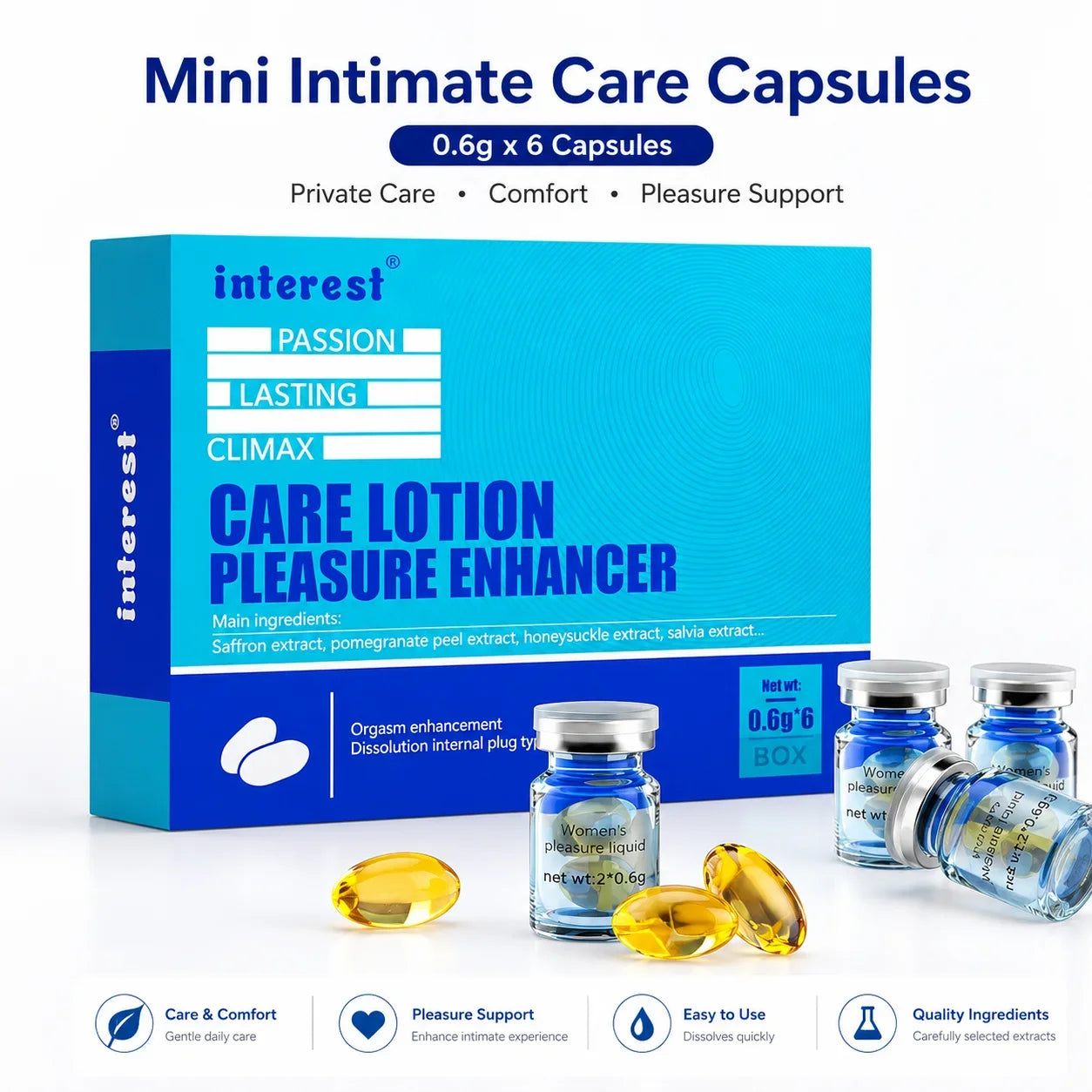 Hot Mini Intimate Pleasure Support Capsules for Women,6pcs Dissolving Softgel Care Lotion for Lubrication, Sensitivity & Comfort