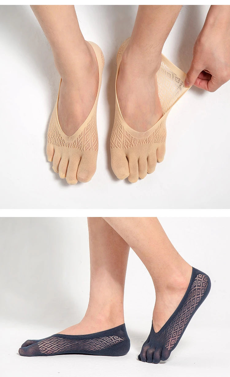 1/5 Pairs Summer Men's Invisible No Show Five Finger Socks Thin Velvet Non-Slip Mesh Breathable Elastic Solid Silk Soft
