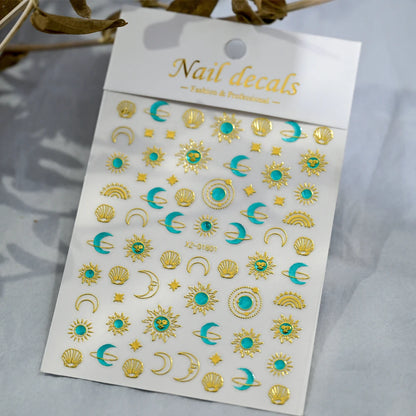 1pcs 3D Bronzing Gold Love Heart Nail Art Stickers Y2K Holographic Stars Sun Starlight DIY Nail Decals Heart Manicure Decoration