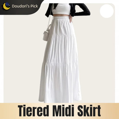Korean Casual Style Women's Spring and Summer High-Waisted Elastic Band Lined White Layered Midi Skirt