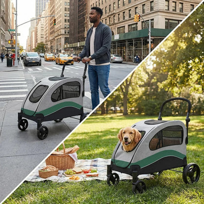 Heavy Duty Pet Wagon & Large Dog Stroller , Collapsible Dog Cart with Adjustable Handle, Breathable Mesh and Storage Pockets