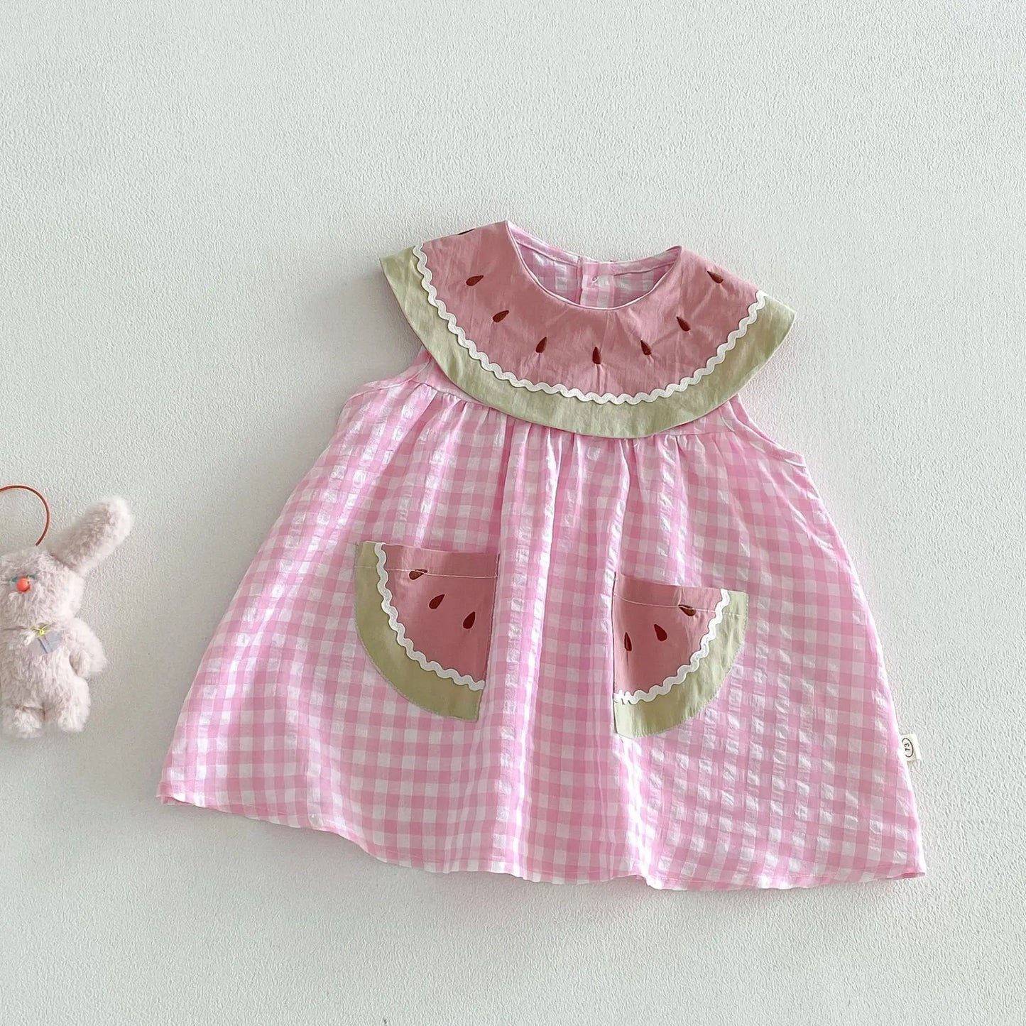 2026 Summer Childrens Clothes Watermelon Collar Baby Bodysuit with Patch Pockets Pink-white Check Girls Dress