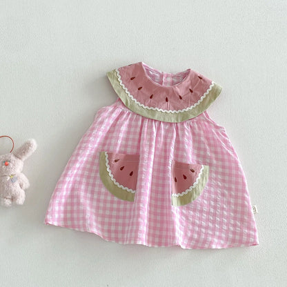 2026 Summer Childrens Clothes Watermelon Collar Baby Bodysuit with Patch Pockets Pink-white Check Girls Dress