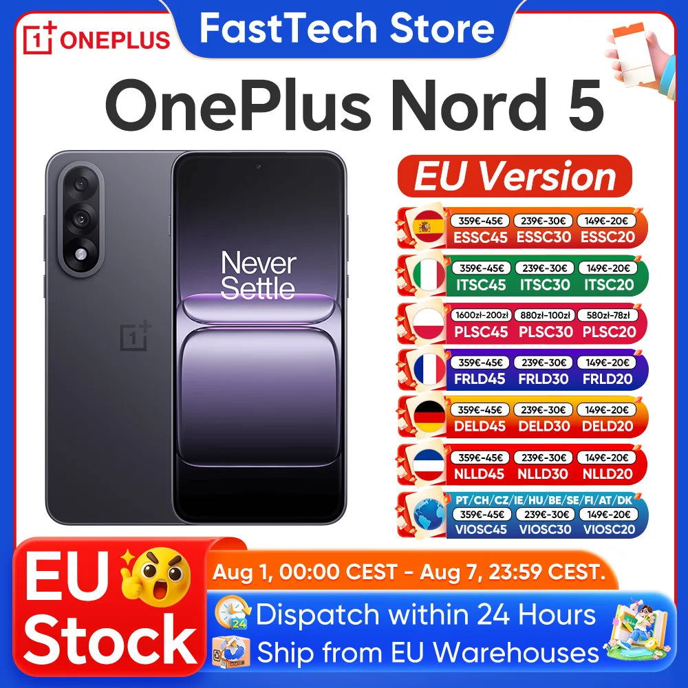 New OnePlus Nord 5 Smartphone 5G Snapdragon™ 8s Gen 3 6.83”AMOLED Display 144 Hz 5200mAh 80W SUPERVOOC 50MP Dual Cameras