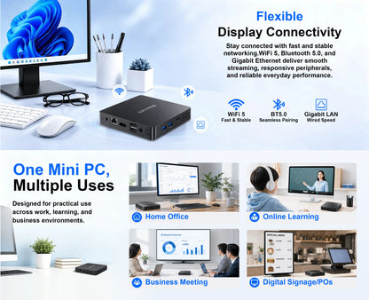 ERVPES B20E Mini PC 8GB RAM 128GB SSD Intel 6500Y Windows 11 BT5.0 Apollo Lake Desktop Microcomputer Dual Band Wi-Fi HDMI