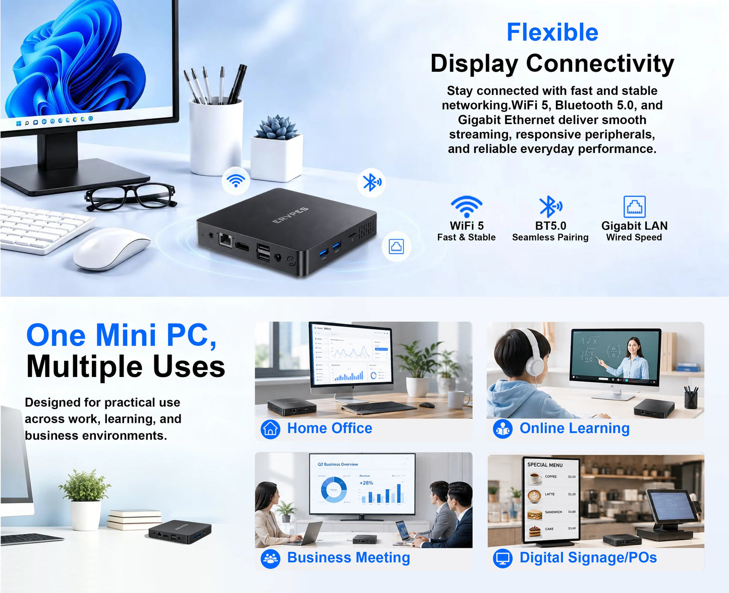 ERVPES B20E Mini PC 8GB RAM 128GB SSD Intel 6500Y Windows 11 BT5.0 Apollo Lake Desktop Microcomputer Dual Band Wi-Fi HDMI