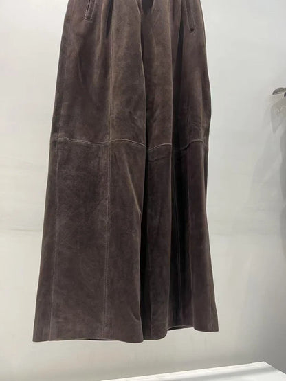 Retro Suede Leather Cropped Pants for Women Femae Genuine Leather Wide Leg Floor Long Trousers Straight Cylinder Spodnie Damskie