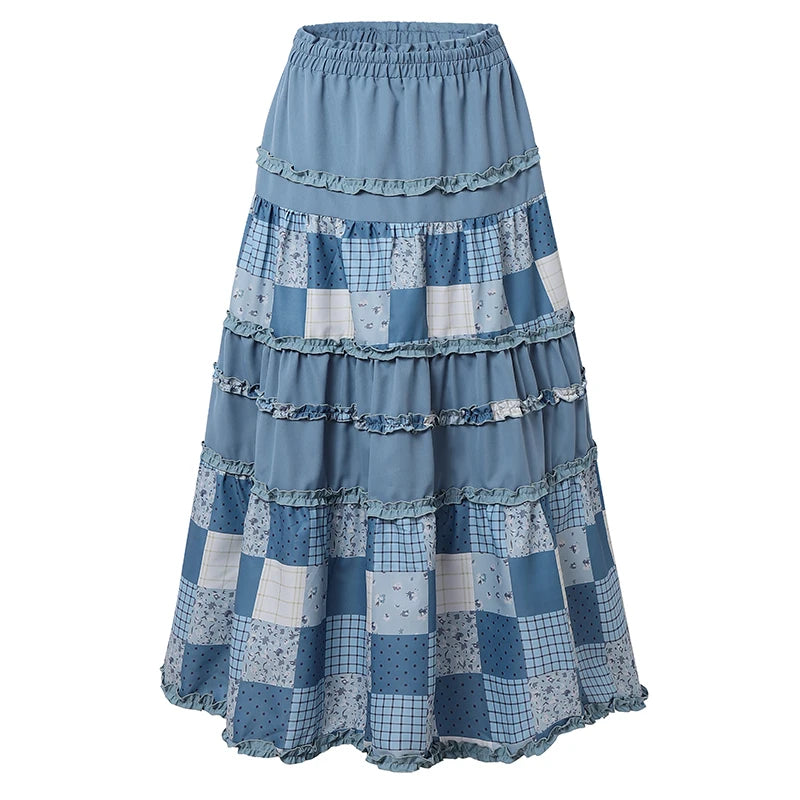 ZANZEA Oversized Long Skirts Women High Waist Print Patchwork Maxi Bottoms Casual Loose Elastic Waist Fashion Jupes Faldas Saia