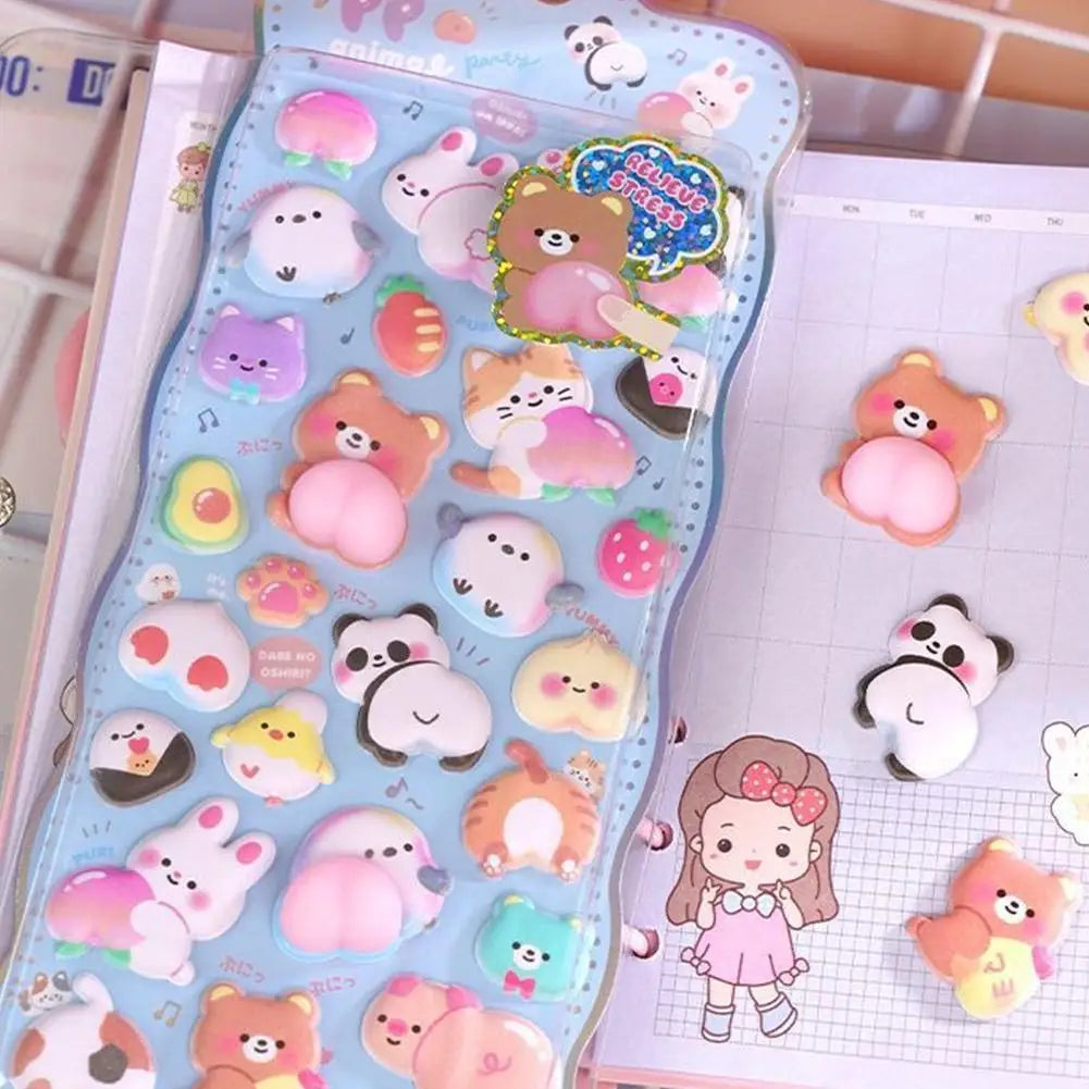 Kawaii Cartoon Soft Cute Little Rabbit 3D Pinching Relaxing Butt Stickers Cute DIY Mobile Book Decoration Stickers Festival Gift