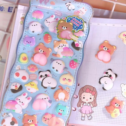 Kawaii Cartoon Soft Cute Little Rabbit 3D Pinching Relaxing Butt Stickers Cute DIY Mobile Book Decoration Stickers Festival Gift