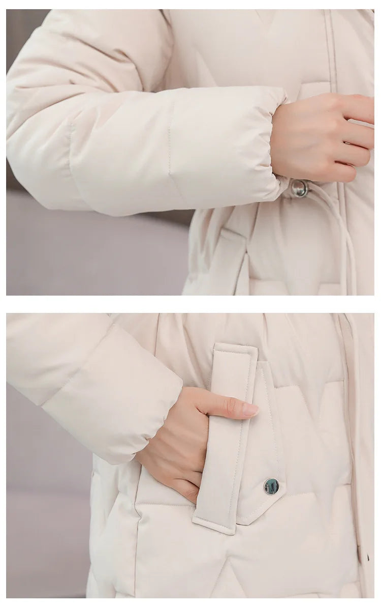 Hooded Women Parkas Coats Mid LenthJackets  Oversize Solid Fur Collar Zipper Drawstring Waist Loose Casual 2025 Autumn Winter