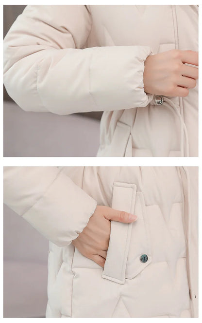 Hooded Women Parkas Coats Mid LenthJackets  Oversize Solid Fur Collar Zipper Drawstring Waist Loose Casual 2025 Autumn Winter