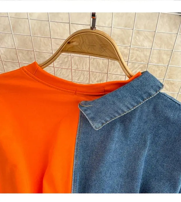 Retro Hong Kong Sle Chic Casual Mid-Length round Ne Patchwork Color Denim irt with Belt Spring New Women's Faion Top