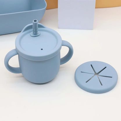 7pcs baby silicone tableware set, bib, dining plate, bowl with suction cup, 2-in-1 water cup, snack cup, wooden spoon and fork