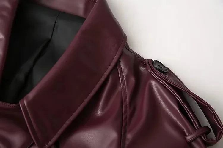 Vintage Lapel Leather Biker Jacket Women Bomber Jacket Short Coat Streetwear Zip Long Sleeve Windproof Outerwear Black Wine Red