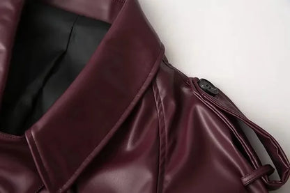 Vintage Lapel Leather Biker Jacket Women Bomber Jacket Short Coat Streetwear Zip Long Sleeve Windproof Outerwear Black Wine Red