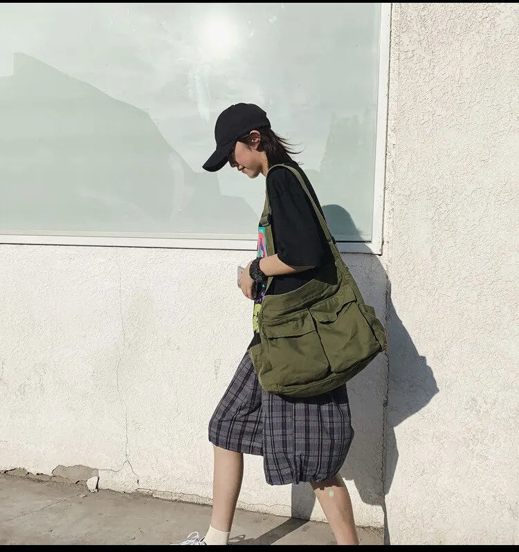 Classic Vintage Canvas Shoulder Bag Women Solid Soft Travel Women Crossbody Bag Large Capacity Fashion Handbag Tote Bag Women
