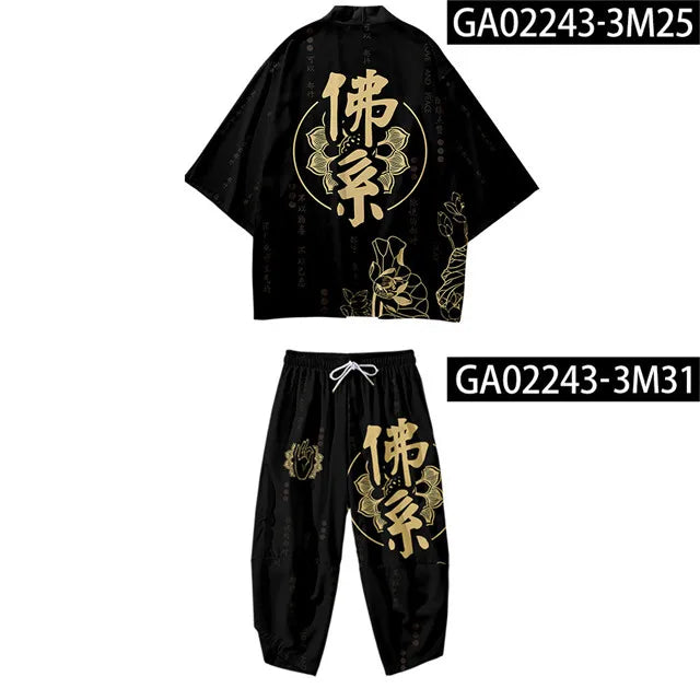Large Size 5XL 6XL Japanese Kimono Cardigan Pants Set Print Fox Men Women Shirt Tradition Yukata Haori Obi Cosplay Costume