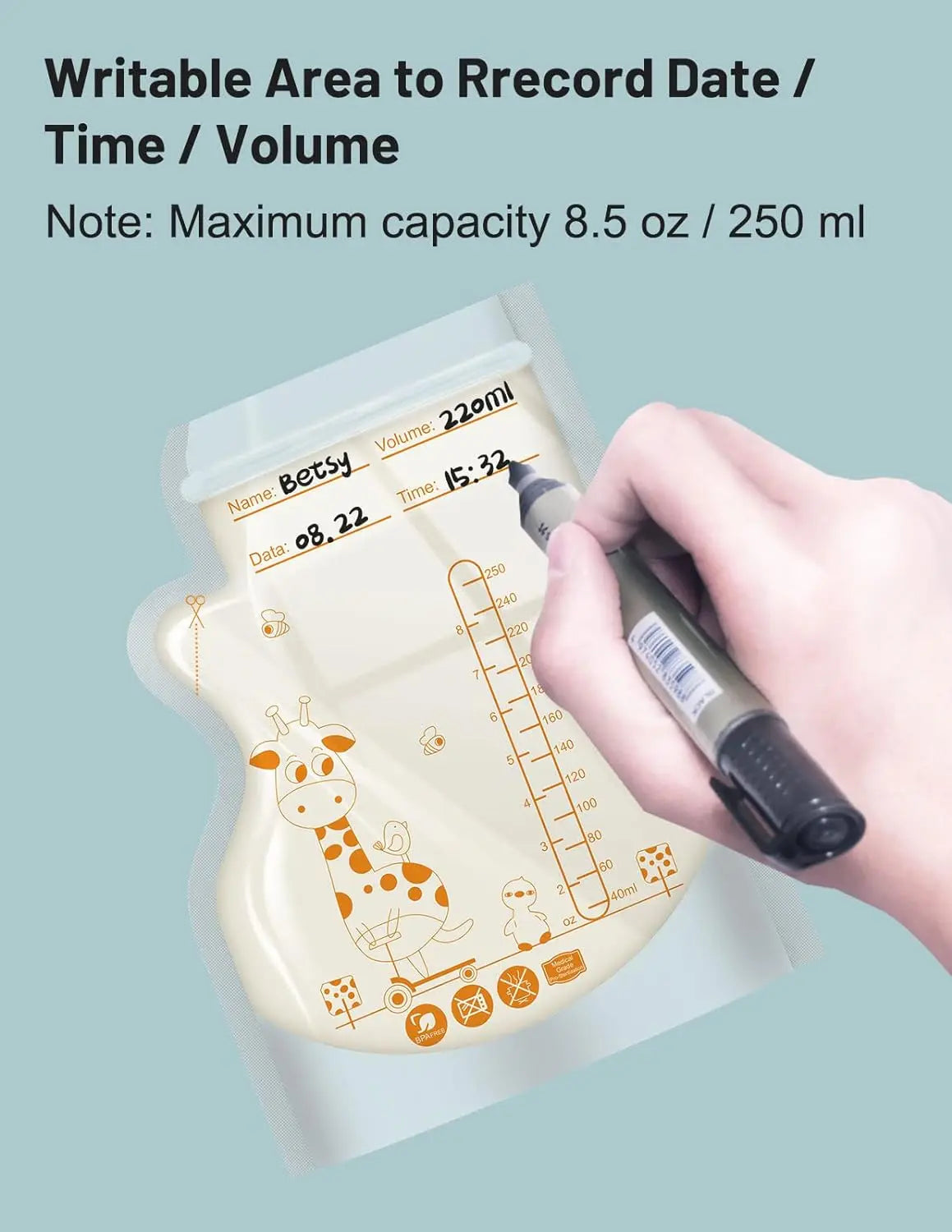 100 or 50 Pack  Disposable Breastmilk Storage Bags  250ml Capacity  Hospital-Grade, Self-Standing, Easy Pour Spout