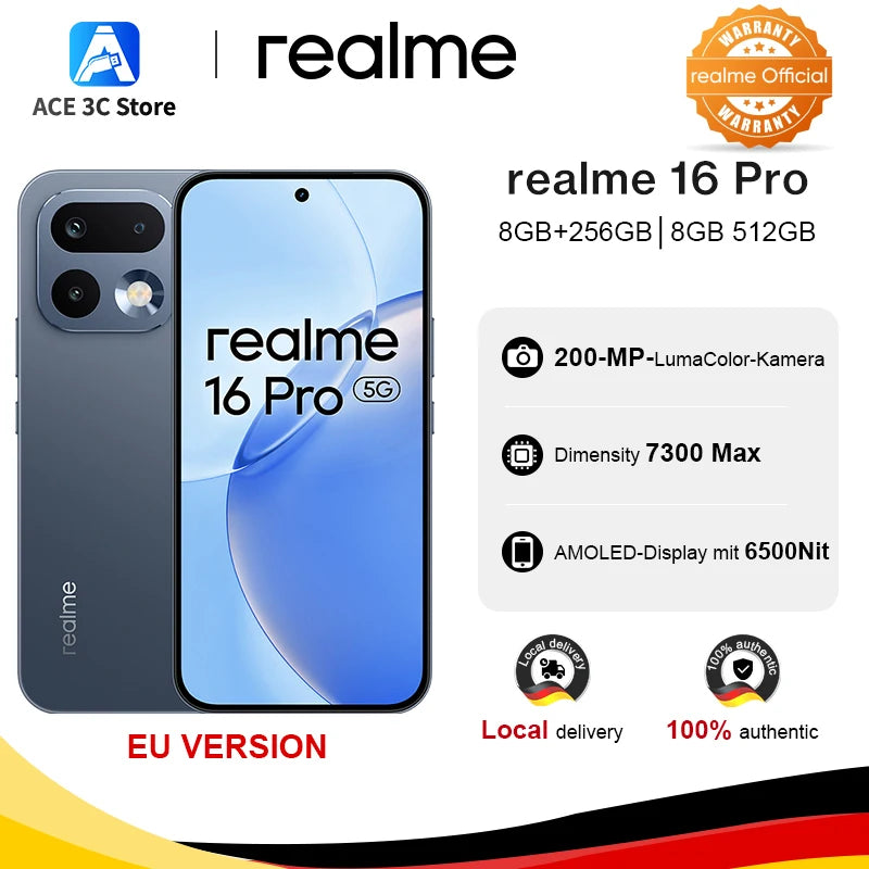 New Arrival realme 16 Pro 5G Smartphone European Version 200MP LumaColor Camera 6500nit AMOLED Display 6500mAh Battery NFC