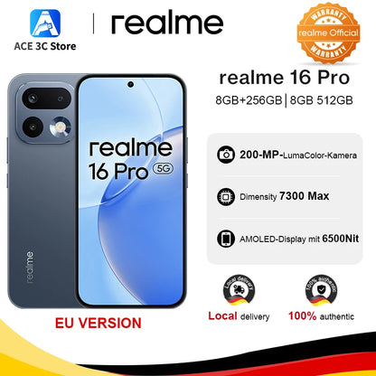 New Arrival realme 16 Pro 5G Smartphone European Version 200MP LumaColor Camera 6500nit AMOLED Display 6500mAh Battery NFC