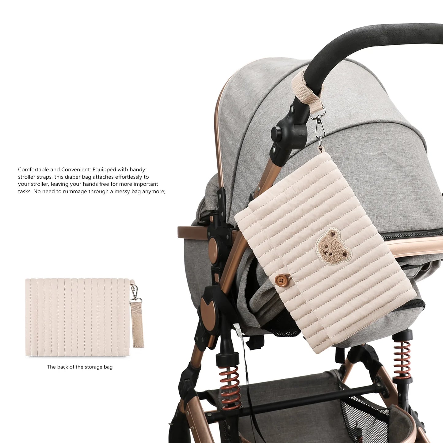 Foldable Hanging Diaper Organizer Bag - Multi-Compartment Essentials Storage Pouch with Wipe Holder & Diaper Pocket