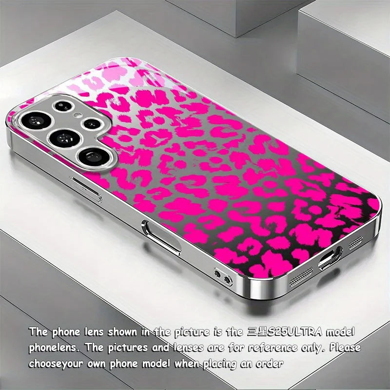 Gold-plated Tempered Glass Phone Case, Compatible Galaxy S26 S25 S24 S23 S22 Ultra Plus. Features a Pink Leopard Print Design.