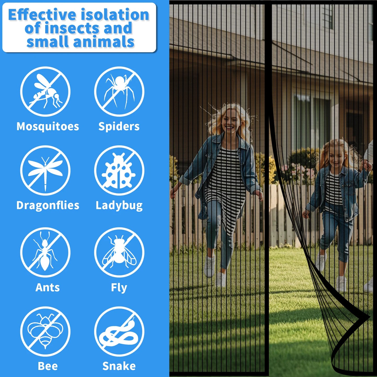 Magnetic Screen Door Hands Free Mesh Partition Heavy Duty Curtain Keeps Bugs Out Frame Hook & Loop Pet and Kid Friendly