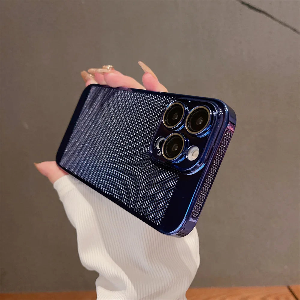 Luxury Plating Hollowed Out Case for iPhone 17 Pro 16 15 14 Pro Max Plus 13 12 Mini 11 17Air Heat Dissipation Shockproof Cover