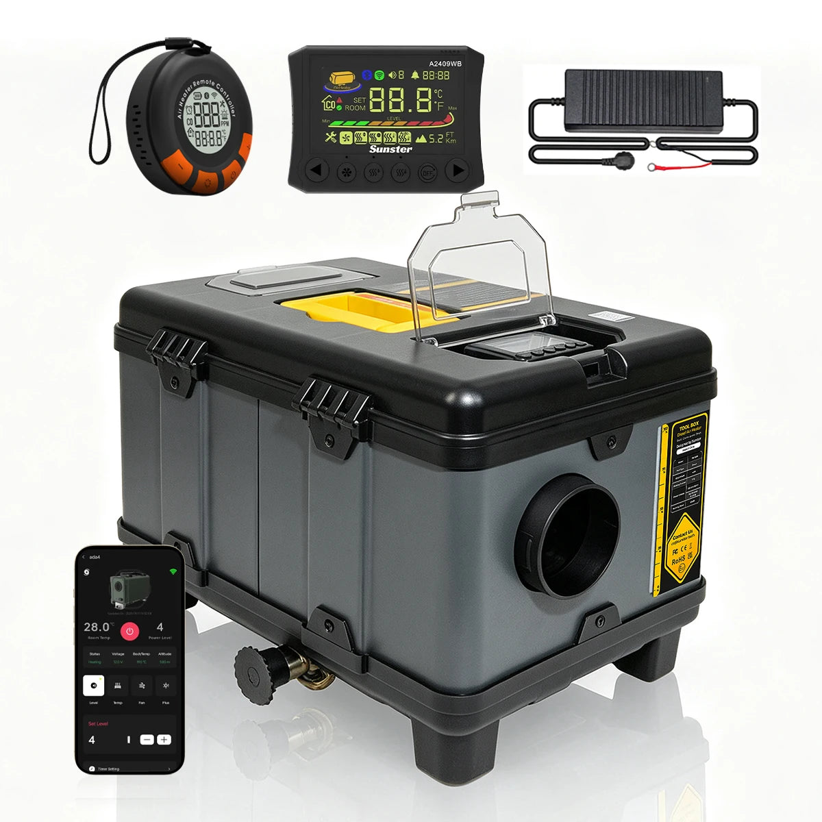 Sunster TB10WF 8KW Diesel Air Heater 12V 24V 240V Auto Thermostat Parking Heater With Bluetooth APP and CO Monitor for Car Homes Camper