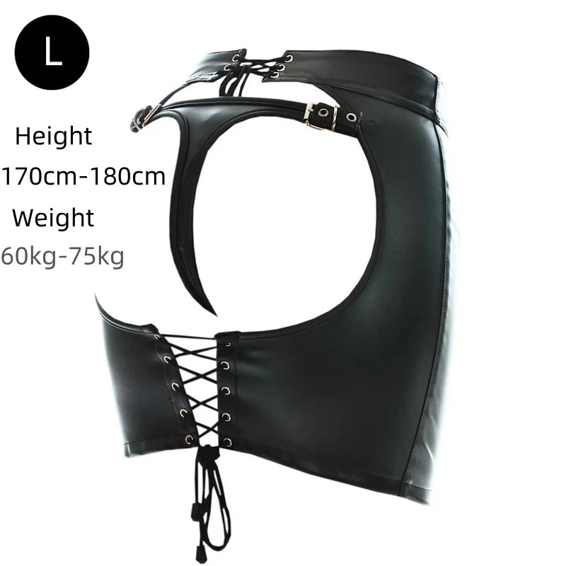 Sexy Leather Belted Shorts with Fetish Slave Bondage Hip Revealing Miniskirt for Women BDSM Role Play Night Club Costumes
