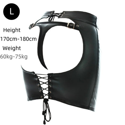 Sexy Leather Belted Shorts with Fetish Slave Bondage Hip Revealing Miniskirt for Women BDSM Role Play Night Club Costumes
