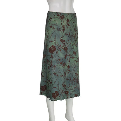 Harajuku Floral Print Long Skirt Vintage Low Rise Straight Midi Skirts for Women Autumn Basic All-match Skirts Ladies Y2k