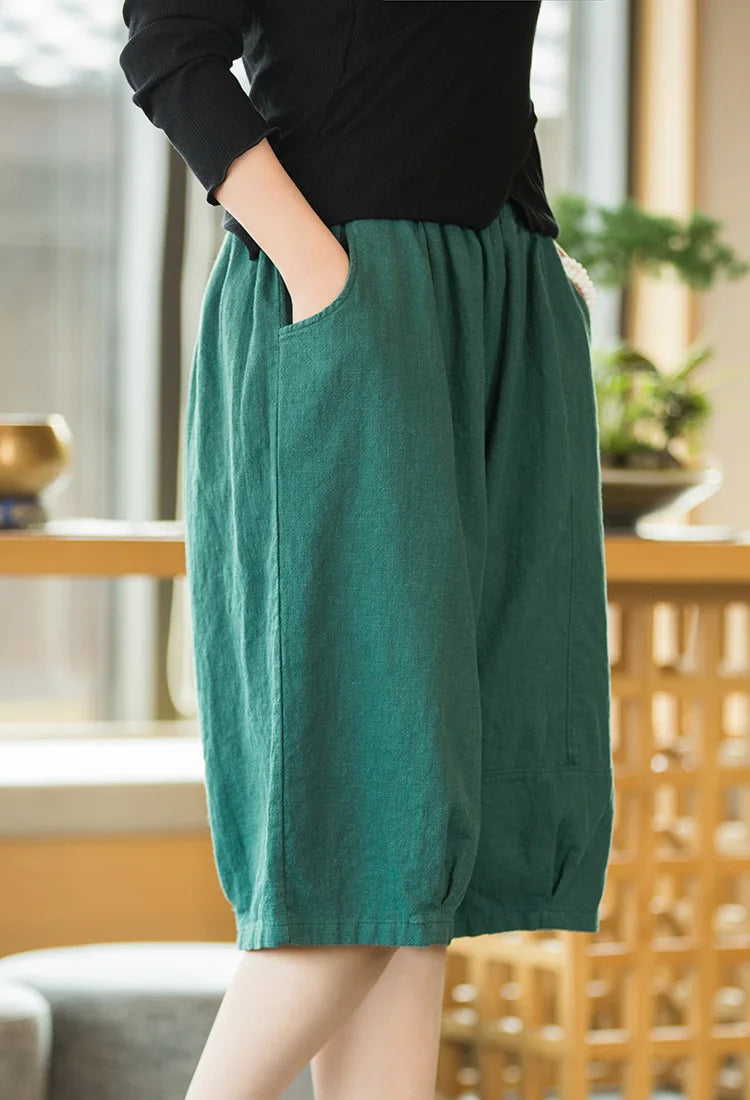 Johnature Women Solid Color Linen Casual Shorts 2025 Summer New Elastic Waist Striped Shorts