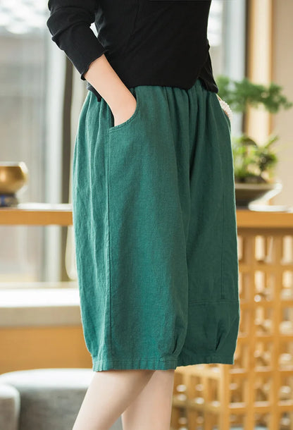 Johnature Women Solid Color Linen Casual Shorts 2025 Summer New Elastic Waist Striped Shorts