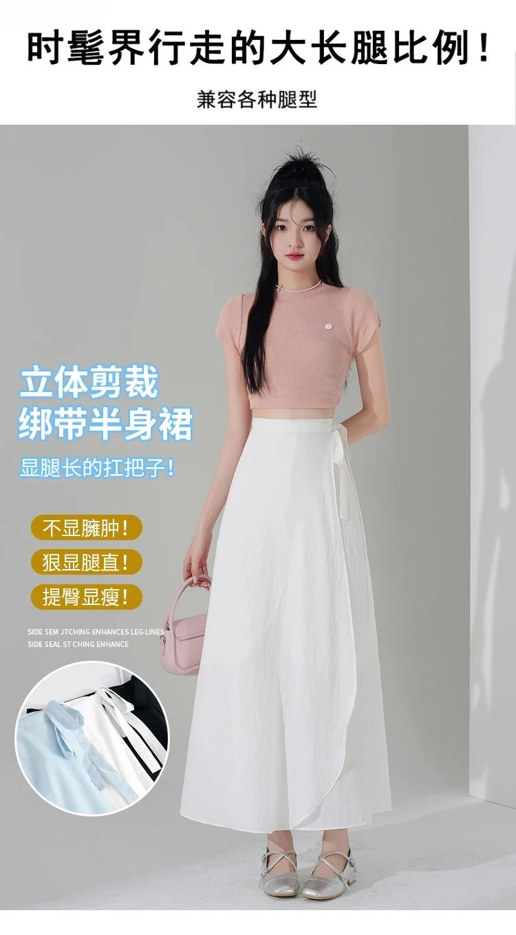 Chic Korea Clothes Summer Women Cute Sweet GIrls Solid Robe Holiday Date High Waist Retro Vintage Wrap One-Piece Lace-Up Skirts