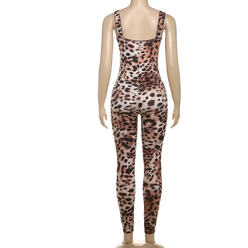 VEITCHE Leopard Printed Women Summer Jumpsuits Sexy Hot Popular Low Neck Spaghetti Strap Skinny Overalls Female Trend Midnight