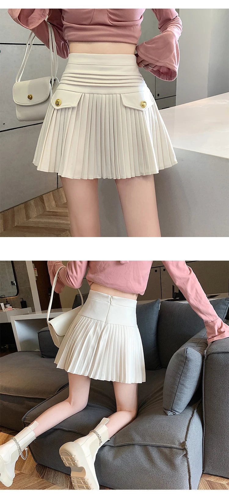 New Fashion Korean Elegant Pleated Mini Skirts Women Vintage Buttons Woolen Solid A-line High Waist Short Skirt Autumn Spring 