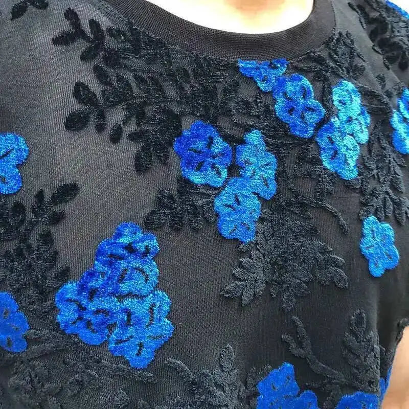 Sexy Round Neck T Shirt Soft Velvet Slim Men Clothing Nightclub Short-sleeved Top Quality Transparent Floral T Shirt See Through