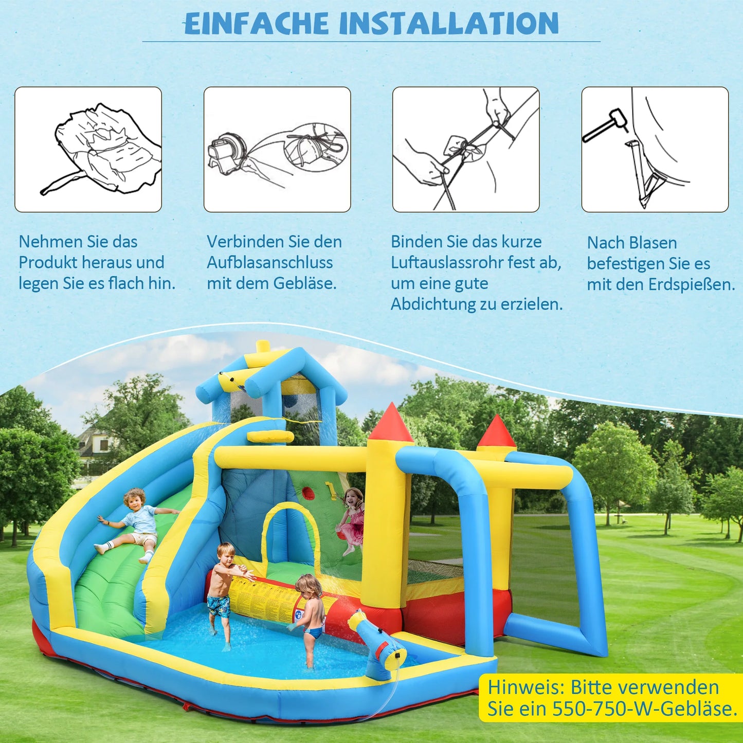 Kids' Bounce House,5 in 1 Inflatable Hopping Castle for Kids 3-10 Years, Outdoor Castle Bouncer with Slide Jump Area Water Pool Football Net