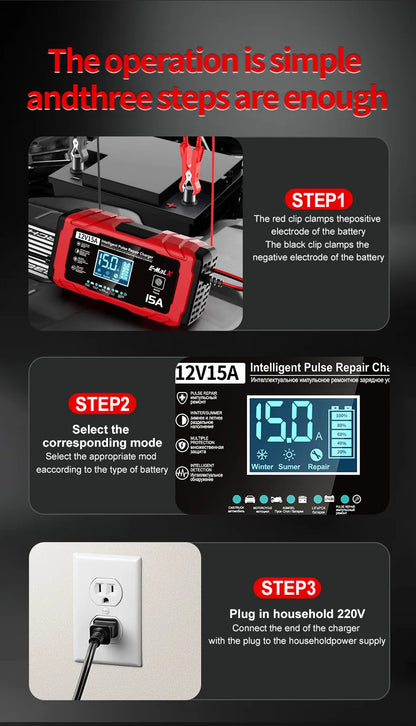 14.6V 15A Lifepo4 Battery Smart Pulse Repair Charger 12V 15A 24V 8A Electric Motorcycles Charger For Lead Acid AGM GEL Battery