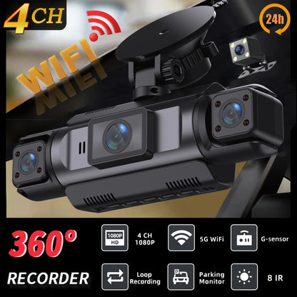 Car Dash Cam 4 Channel Black Box WiFi Driving Camera FHD 1080P Front Left Right Rear Night Vision Loop Recording Add Hardwire