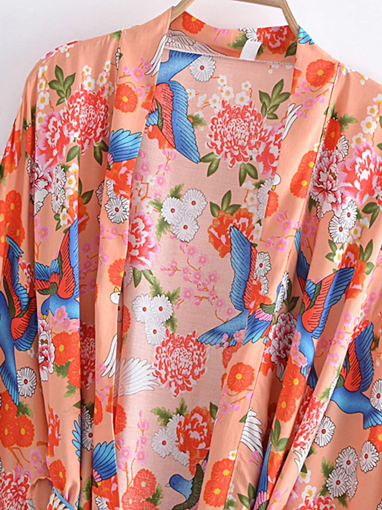 Boho Queens Vintage Peacock Floral Print Sashes Beach Kimono Women Bohemian Wrap Batwing Sleeves Holiday Bikini Cover-ups