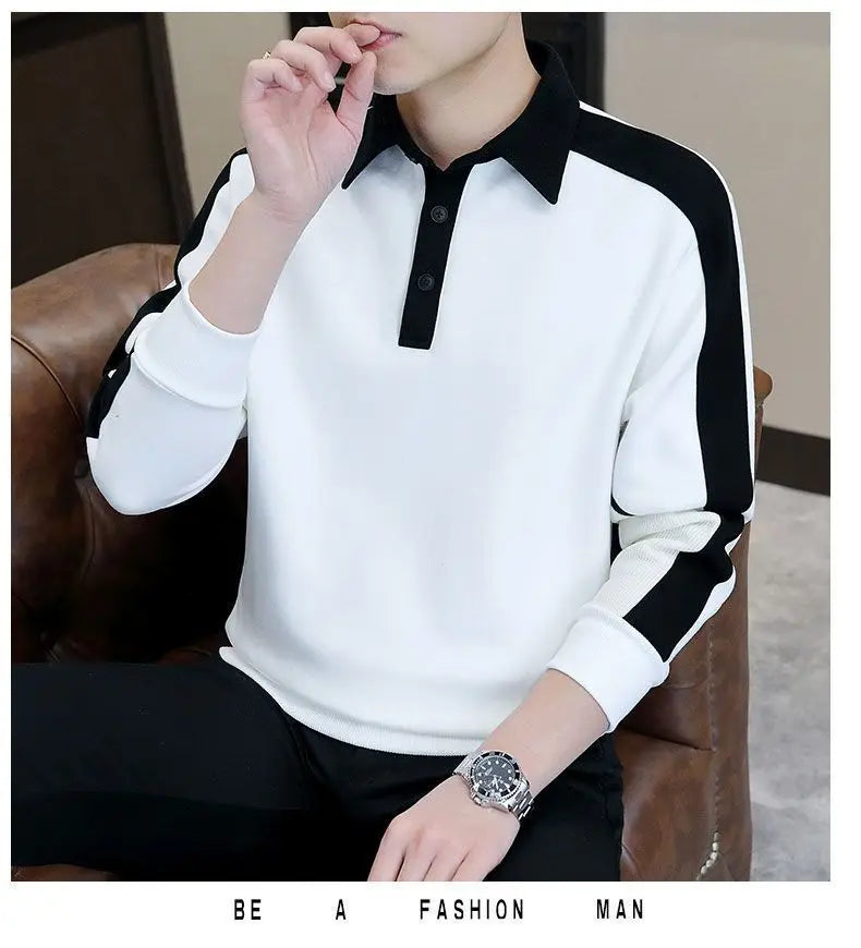 High Street Casual Men Autumn Sweatshirt Top Chic Turn-down Collar Long Sleeve Loose Winter Panelled Plus Fleece Pullover Hoodie