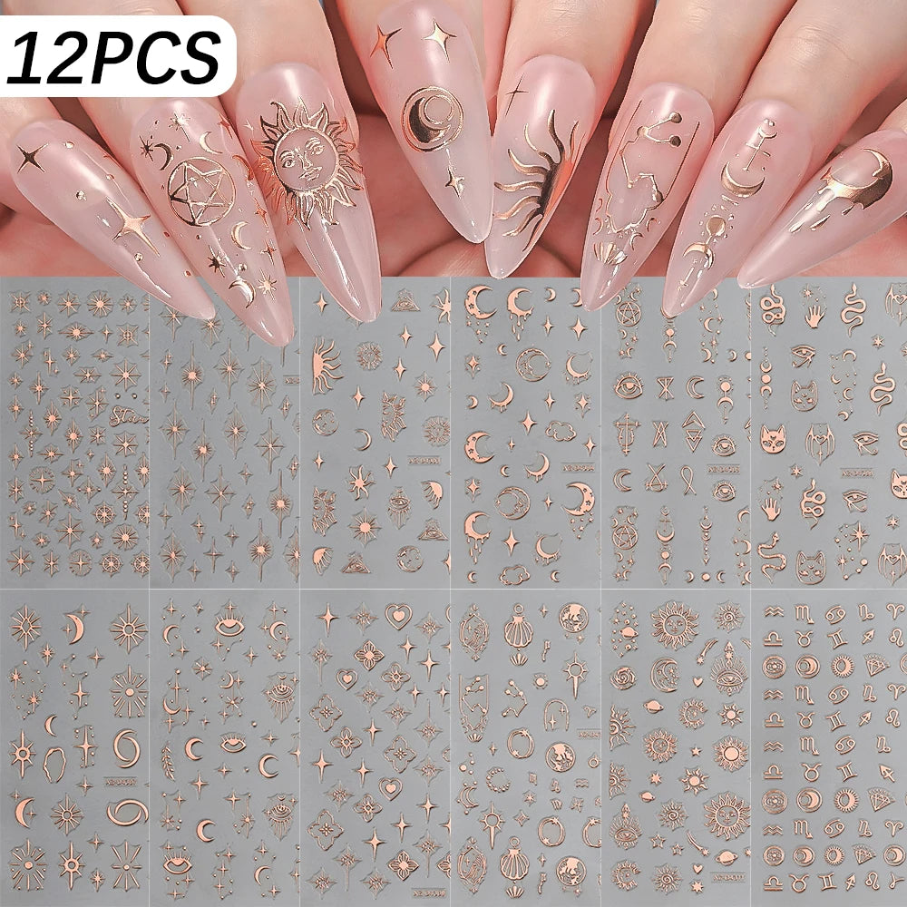 12Pcs 3D Gold Star Moon Sun Nail Stickers 10*8cm Y2K Starlight Self-adhesive Nail Decals Snake Cat Slider DIY Manicure Accessory