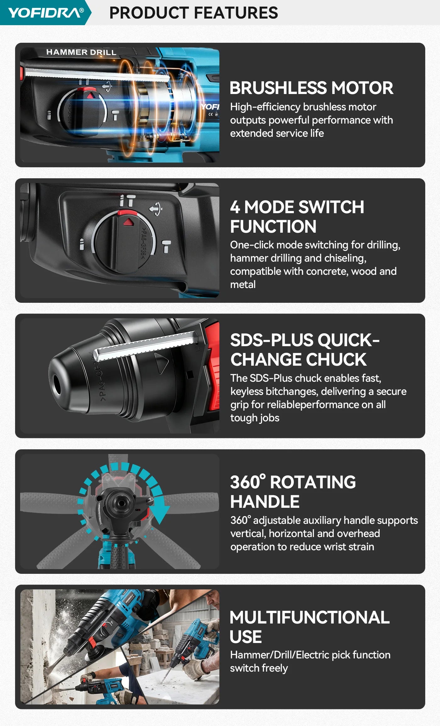 YOFIDRA 26mm Brushless Electric Rotary Hammer Cordless Multifunctional Impact Hammer Drill Power Tools For Makita 18-21V Battery Pin
