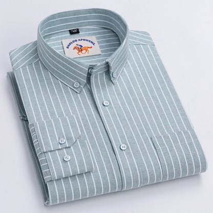 Casual Pure Cotton Oxford Mens Shirts Long Sleeve Embroidery Horse Design Regular Fit Fashion Button Man White Dress Shirt