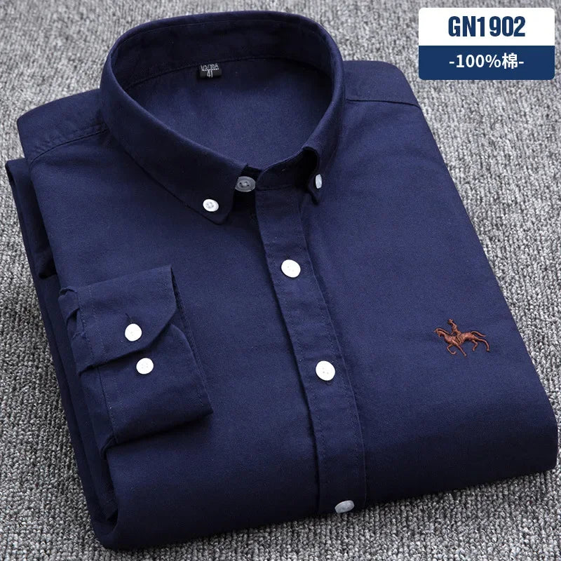 Casual cotton men's shirt slim fit horse logo bottom inch shirt Oxford spinning long sleeved striped shirt
