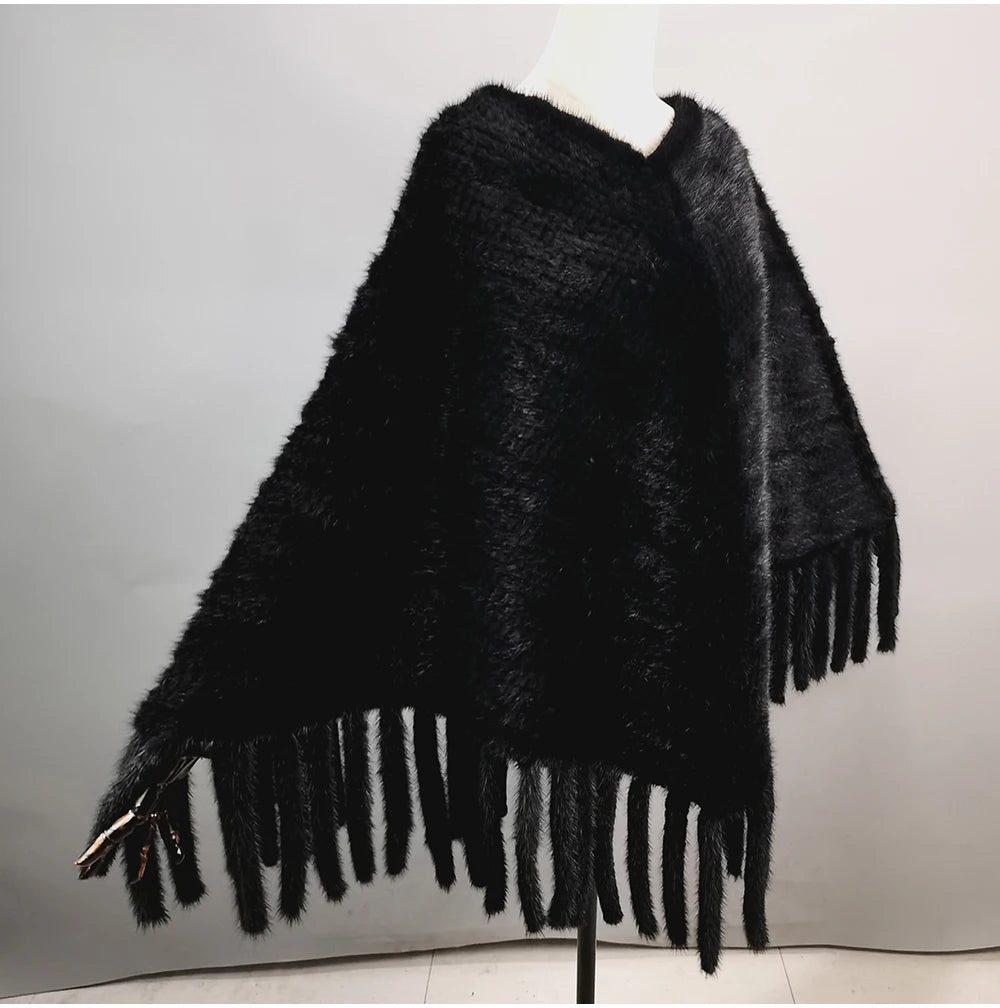 Fashion Women Fur Shawl Winter Knitted Real Mink Fur Stole With Fur Hood Knitted Mink Poncho Pashmina