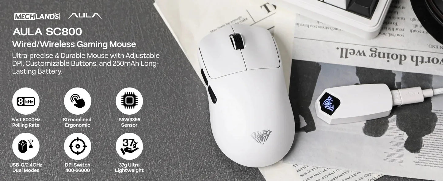 AULA SC800 Gaming Mouse USB-C Wired/2.4G 37g Lightweight 8K Paw3395 Sensor Customized Mice PC E-Sports Gamer Accessories Gifts